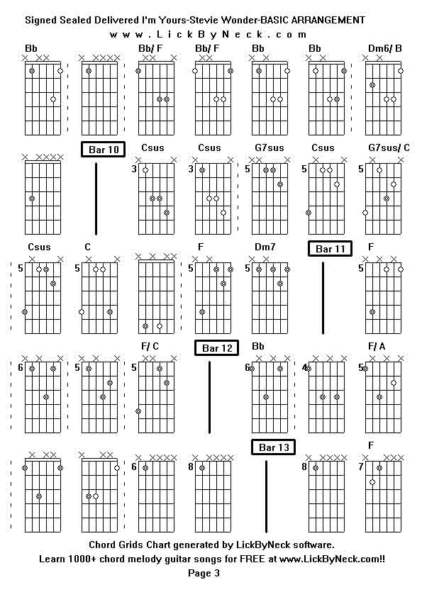 Chord Grids Chart of chord melody fingerstyle guitar song-Signed Sealed Delivered I'm Yours-Stevie Wonder-BASIC ARRANGEMENT,generated by LickByNeck software.